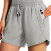 Gray women's quick-dry sports running shorts with an adjustable drawstring waist