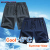Dunkelblaue Herren-Quick-Dry-Sportshorts vor schneebedecktem, eisigem Hintergrund.