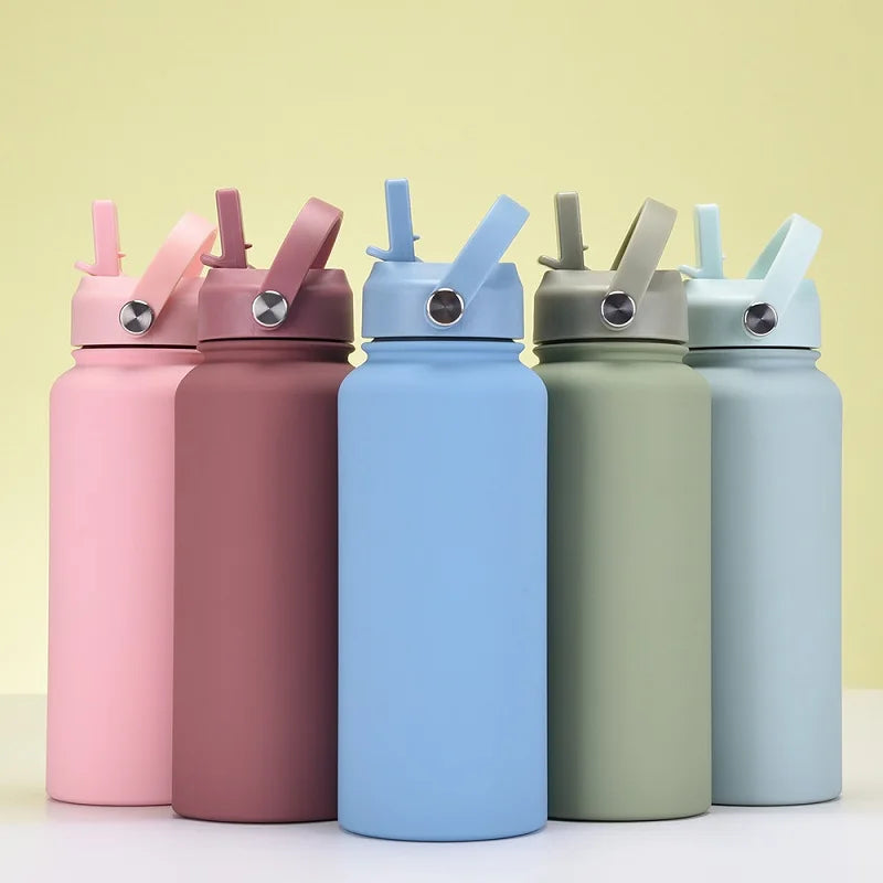 A set of five stainless steel vacuum flask water bottles in various pastel colors with straws