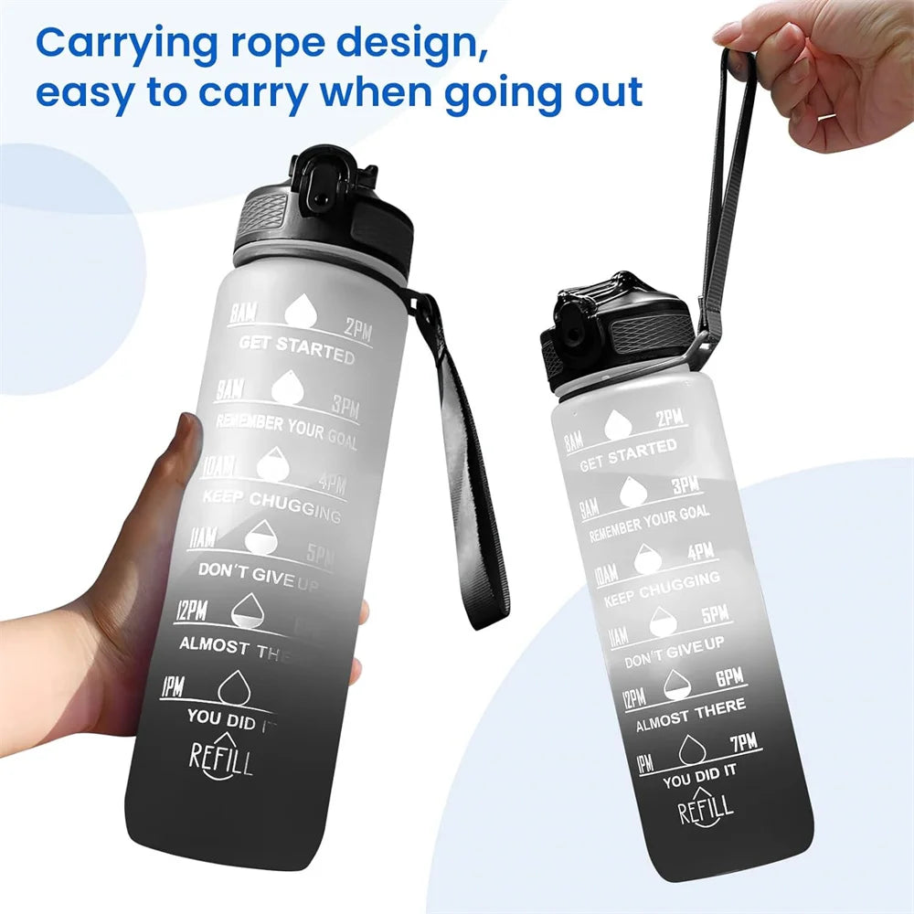 A black insulated sports water bottle with a straw and time markers showing goals like get started, keep chugging, and refill