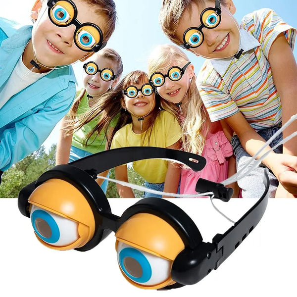 A pair of black novelty glasses with orange frames and blue lenses is shown in a product photo.