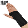 A hand wearing a black adjustable wrist support brace for pain relief.