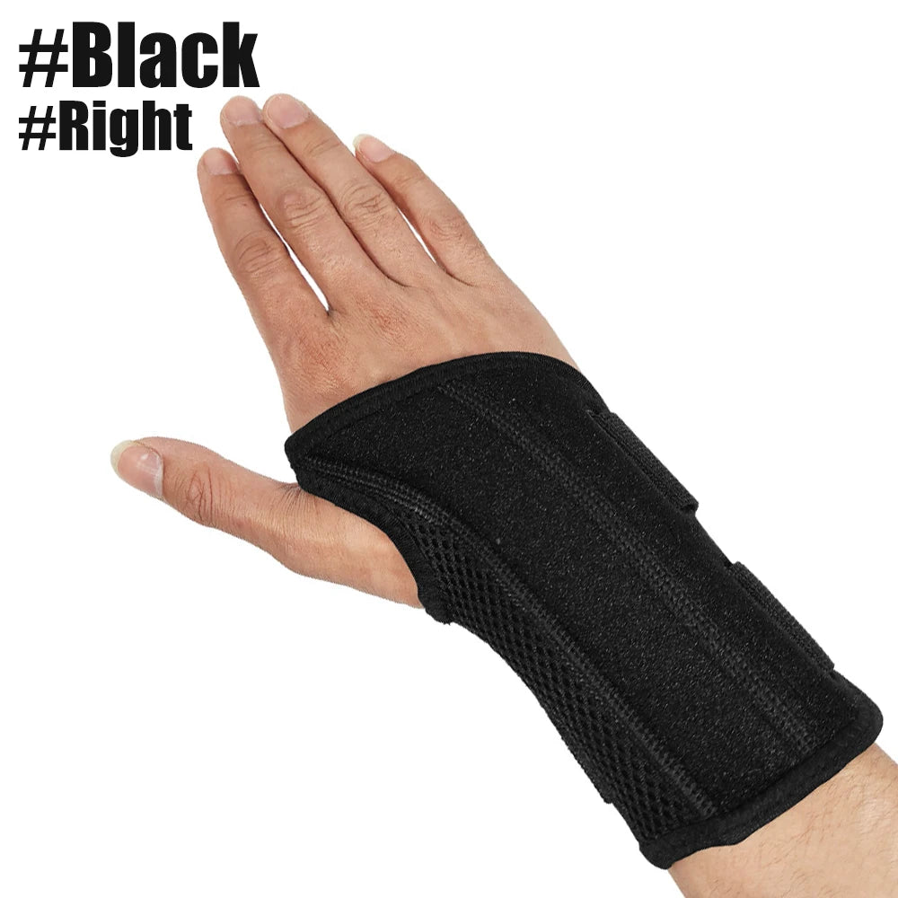 A hand wearing a black adjustable wrist support brace for pain relief.