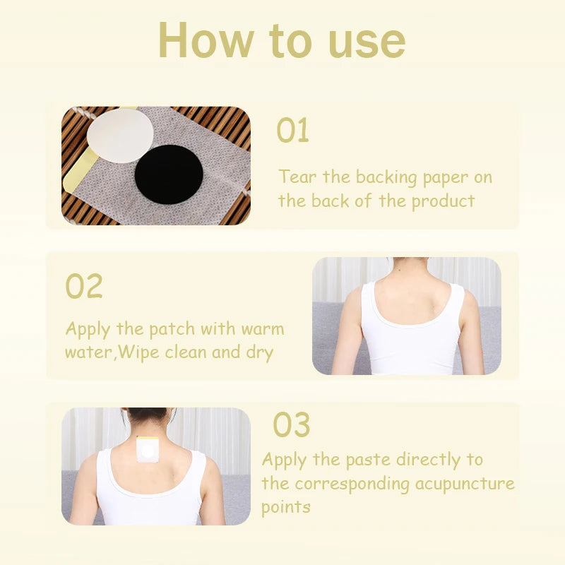 Instructions for using body shaping slimming patches showing steps 01, 02, and 03