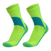 A pair of neon yellow hiking socks with a blue stripe detail.