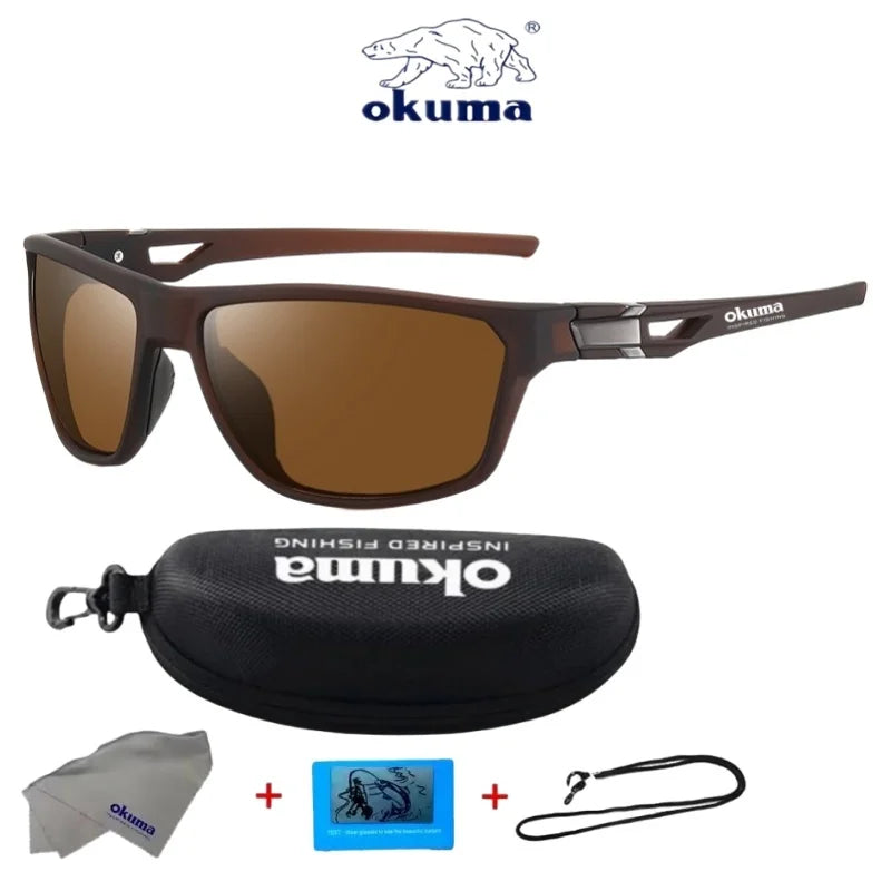 Okuma polarized sports sunglasses with brown frames and tinted lenses shown alongside a protective case and cleaning cloth