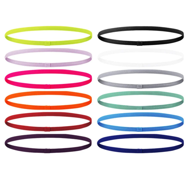 Un paquete de ocho bandas elásticas deportivas coloridas en amarillo neón, rosa, blanco, gris, verde menta, rojo y azul.