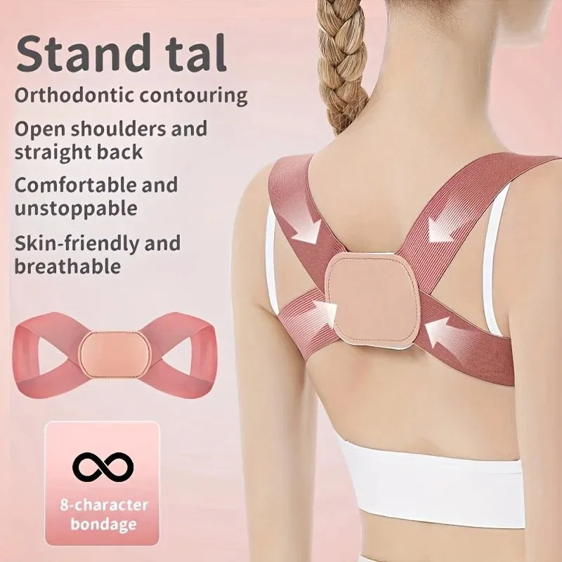 A woman is shown wearing a pink orthopedic contouring stand tal posture corrector belt on her back.
