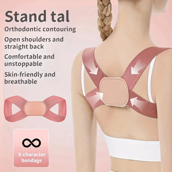 A woman is shown wearing a pink orthopedic contouring stand tal posture corrector belt on her back.