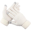 A pair of white knitted insulated winter gloves shown in a close-up view.