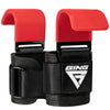 A pair of red and black heavy duty weight lifting hooks with wrist wraps.