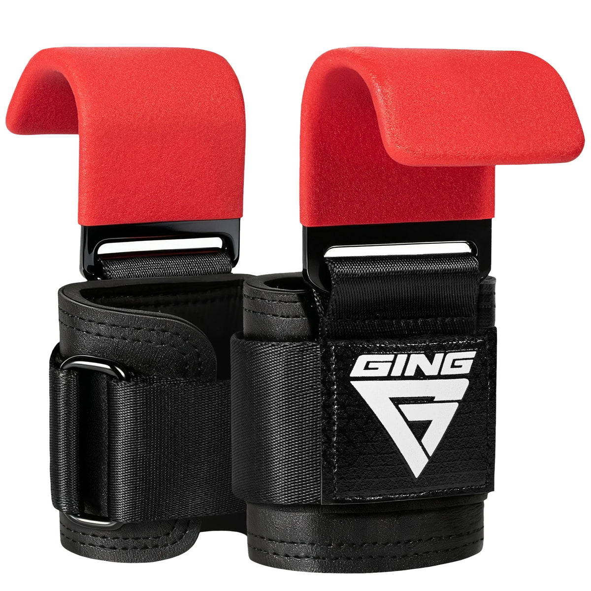 A pair of red and black heavy duty weight lifting hooks with wrist wraps.