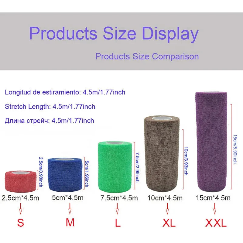 Exhibición de diversas tallas de vendas elásticas de camuflaje etiquetadas S, M, L, XL y XXL para comparar.