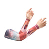 A person is wearing a long-sleeved, compressive arm sleeve with a graphic design for UV protection and cooling.