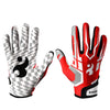 Une paire de gants de sport en silicone rouge et blanc antidérapants avec paumes texturées, sur fond blanc.