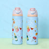 A light blue insulated stainless steel sports water bottle with a pink lid decorated with various fruit and drink illustratio