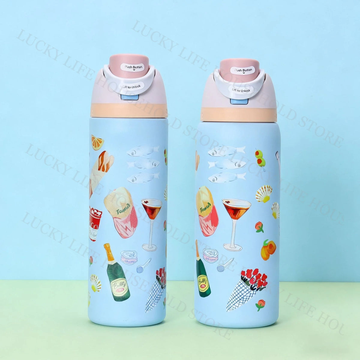 A light blue insulated stainless steel sports water bottle with a pink lid decorated with various fruit and drink illustratio