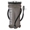 A gray hydration reservoir with a black tube and cap, designed for durable water storage.