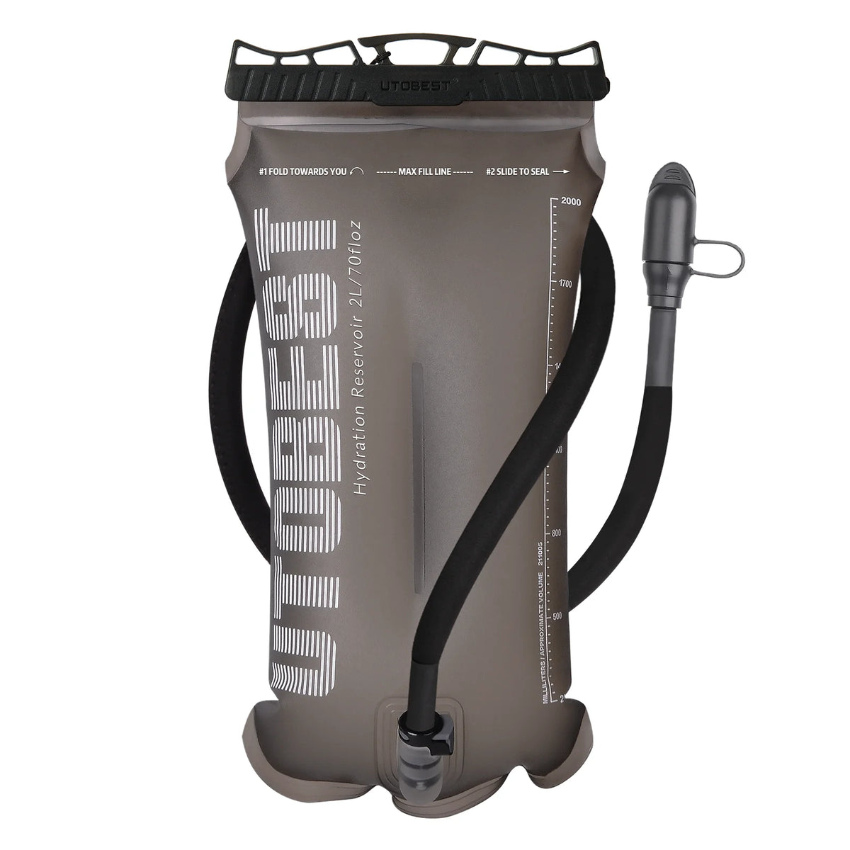 A gray hydration reservoir with a black tube and cap, designed for durable water storage.