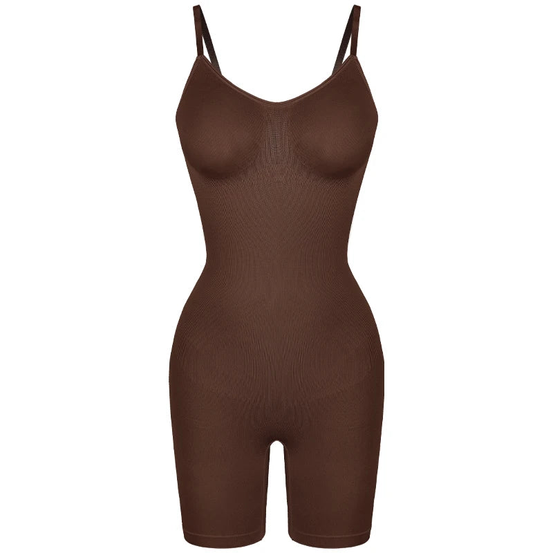 A dark brown full body shapewear bodysuit designed for slimming.