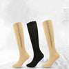 A set of beige and black high elasticity compression socks displayed against a white background.
