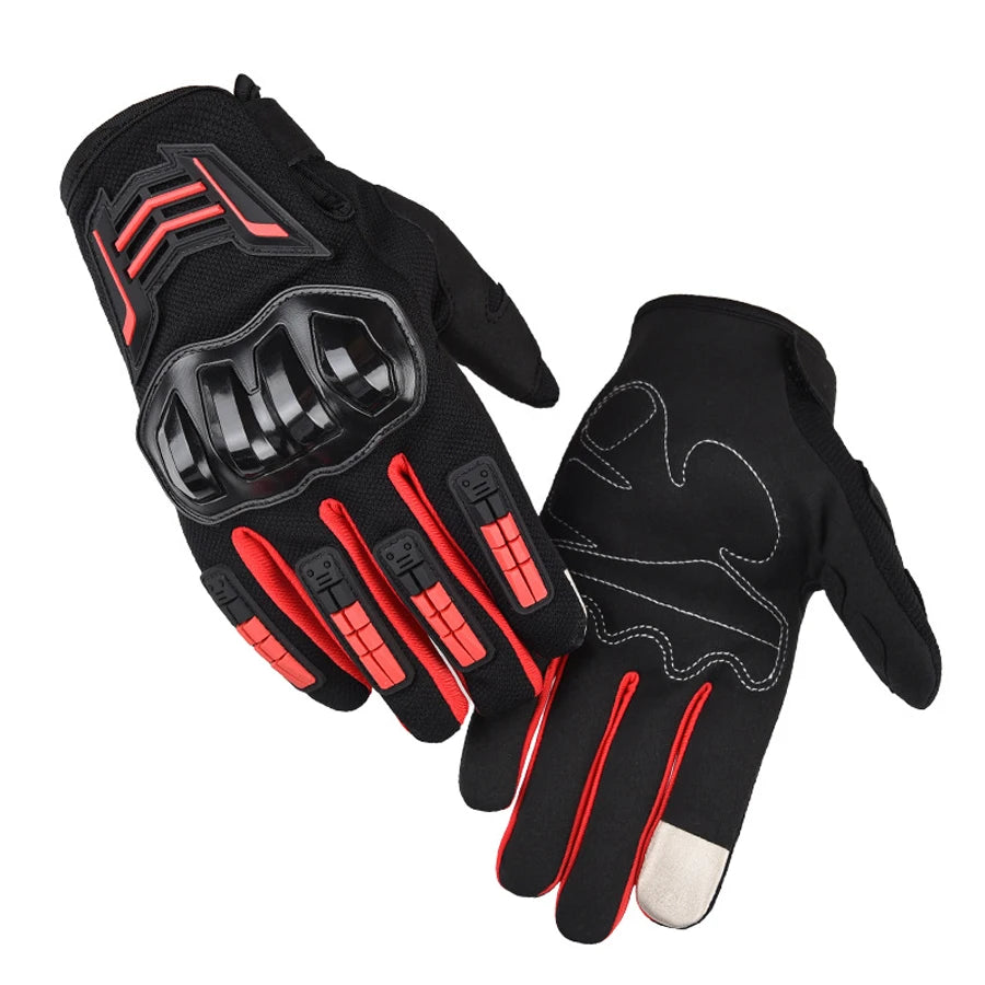 A pair of black motorcycle riding gloves with red accents and a silver cuff.