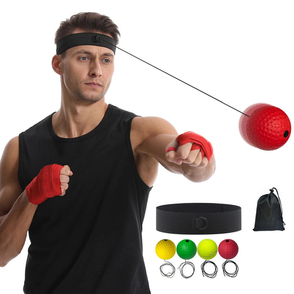 A man wearing a black headband holds a red ball and an orange wristband, with various colored balls and a black band visible.