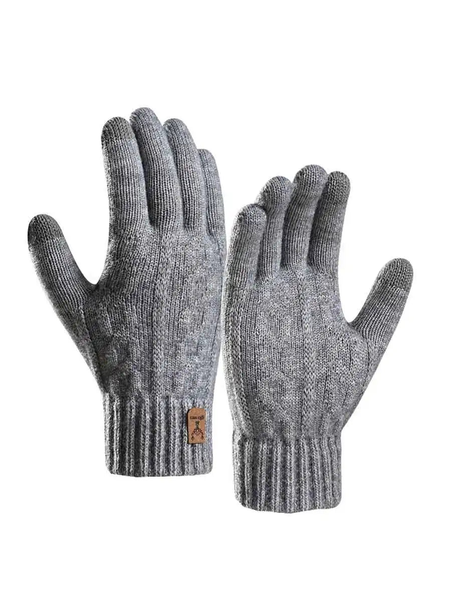 Gray fleece winter gloves for men shown flat lay