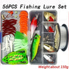 A set of 56 fishing lures including various colors and shapes like spinners, spoons, and plugs in an acrylic container.