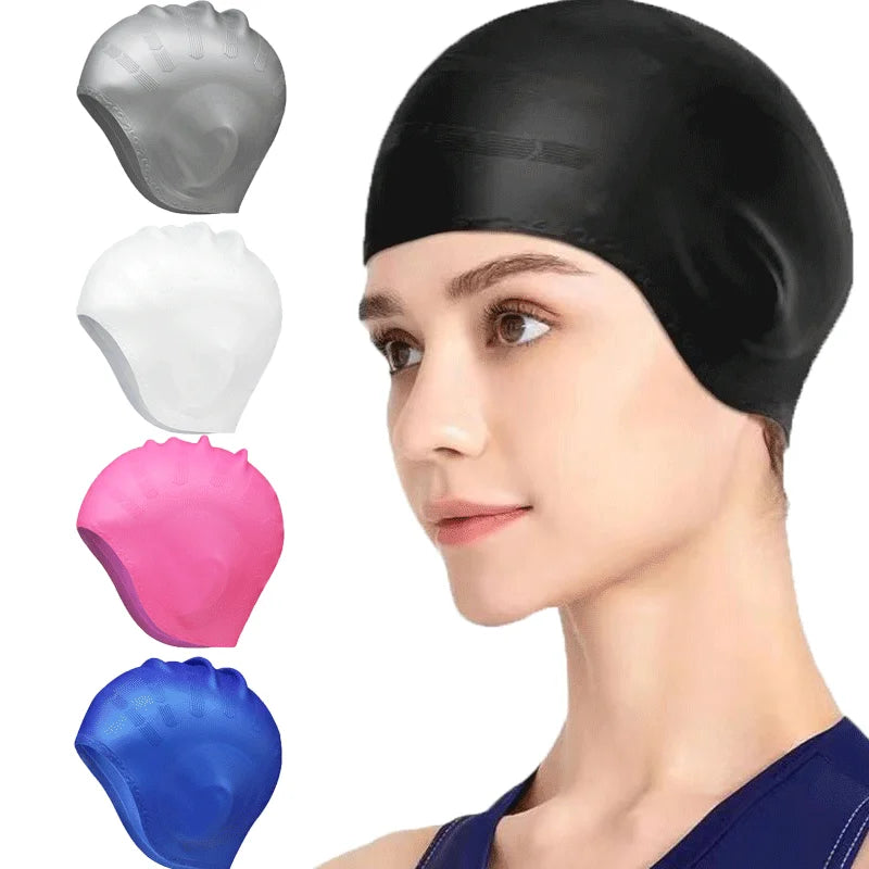 A woman is shown wearing a black silicone swimming cap, with various colored caps displayed beside it.