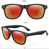 A pair of black sunglasses with orange-tinted lenses shown from the front and side views.