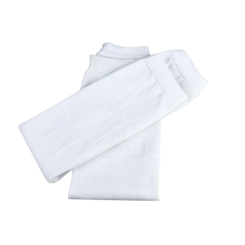 White performance rugby leg covers for football training shown flat