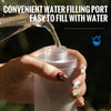 A hand is pouring water into a clear silicone hydration flask, demonstrating its convenient filling port.