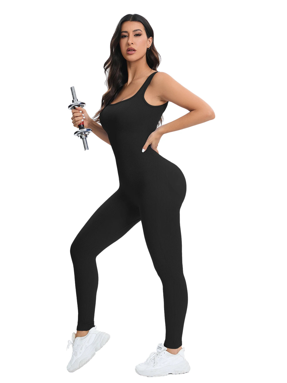 A woman wearing a black ribbed nylon bodycon jumpsuit posing with a lightsaber.