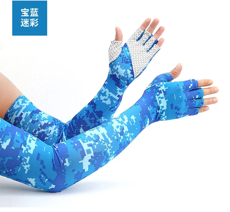 Blue and white camouflage patterned cooling sun protection arm sleeves worn on a hand and forearm.