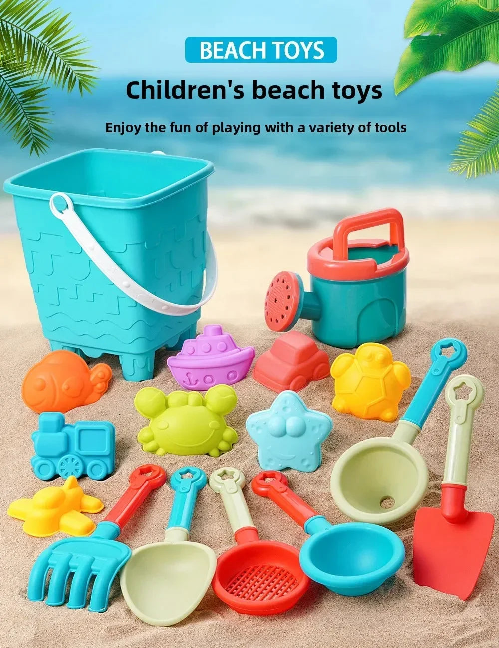 Colección de juguetes de playa de plástico coloridos, incluyendo cubo, pala y varias herramientas para juegos infantiles.