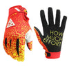 A pair of red and yellow full finger motocross motorcycle gloves shown against a white background.
