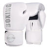 A pair of white boxing gloves with gray lettering and a black wrist strap.