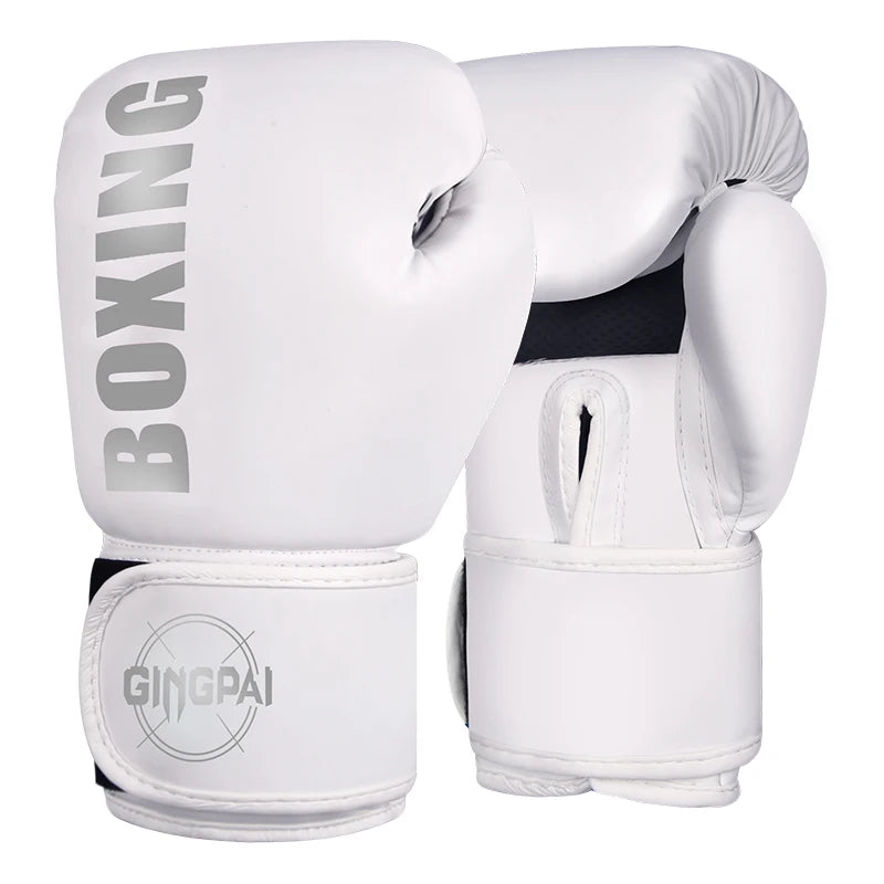 A pair of white boxing gloves with gray lettering and a black wrist strap.