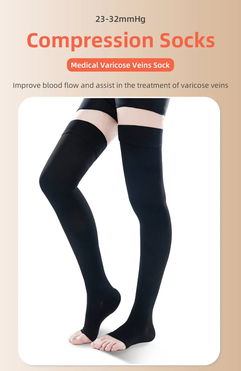 A pair of black medical compression socks being worn on a person's legs.