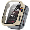 A smart watch with a protective case showing the time 10:08, heart rate 76 bpm, and system status.