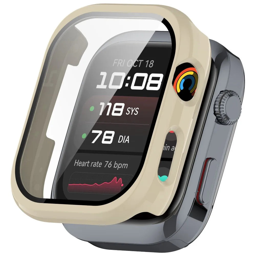 A smart watch with a protective case showing the time 10:08, heart rate 76 bpm, and system status.