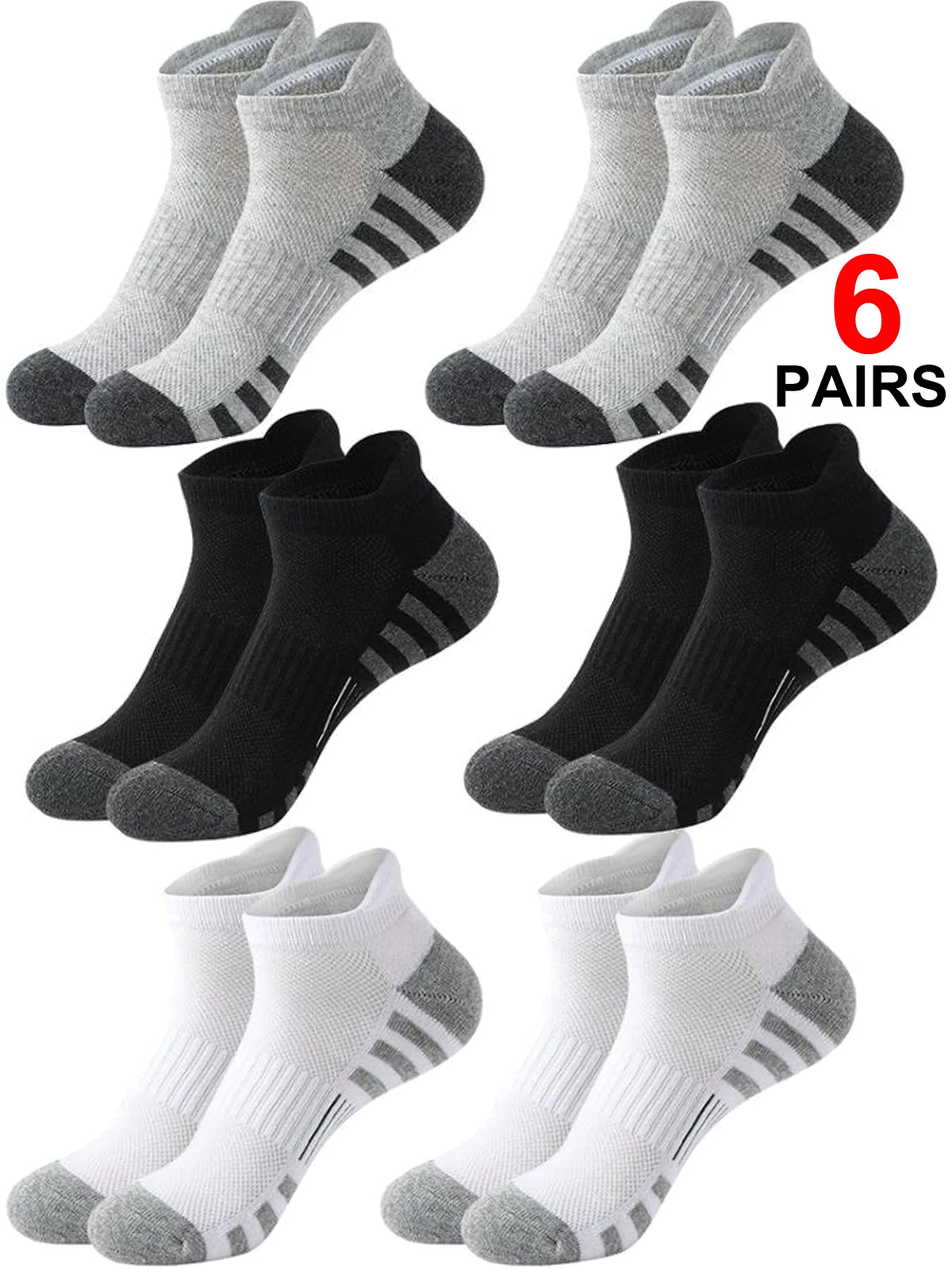 Six pairs of gray and black athletic running socks displayed in various colors and patterns.