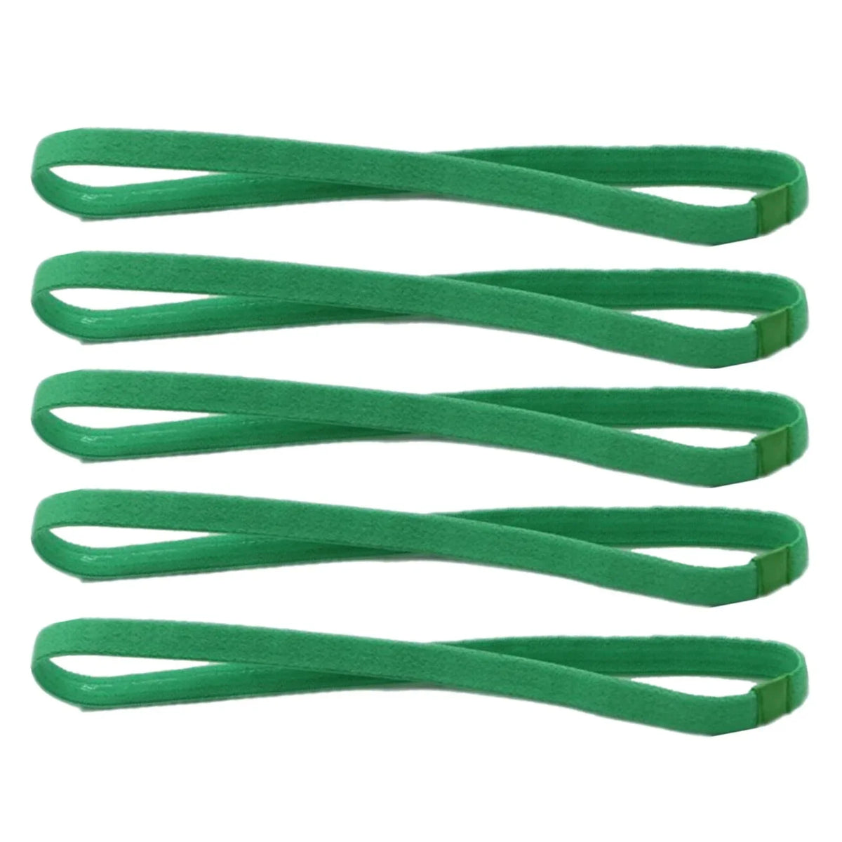 Five green elastic silicone sports headbands laid out horizontally.