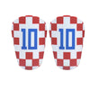 Pair of mini football shin guards featuring a red and white checkered pattern with the number 10 in blue.
