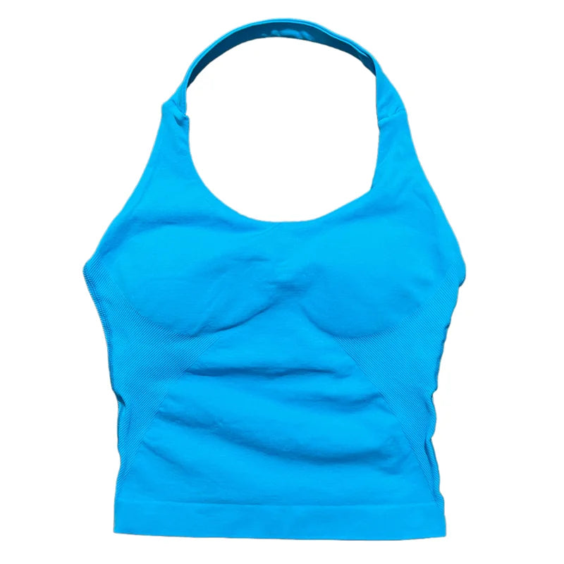 A bright blue seamless performance yoga and gym tank top.