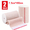 Two rolls of pink and white reusable hook and loop elastic compression wraps.