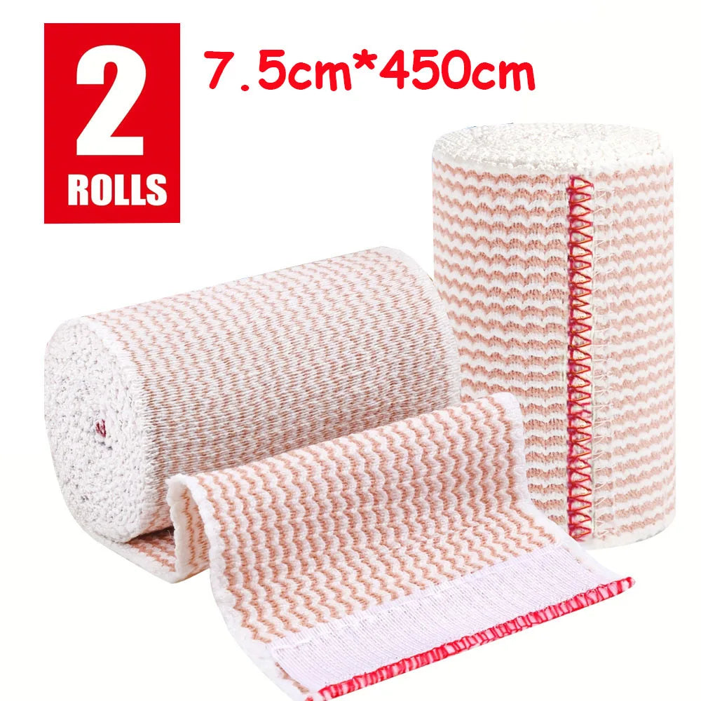 Two rolls of pink and white reusable hook and loop elastic compression wraps.