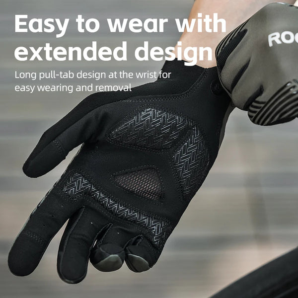 Black cycling performance gloves with an extended design shown on a hand.