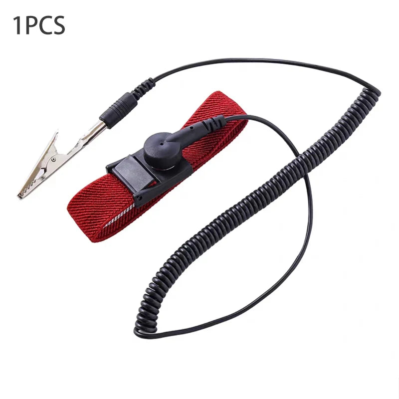 A single adjustable ESD wrist strap with a metal clip and black cord on a red fabric band for electronics safety.